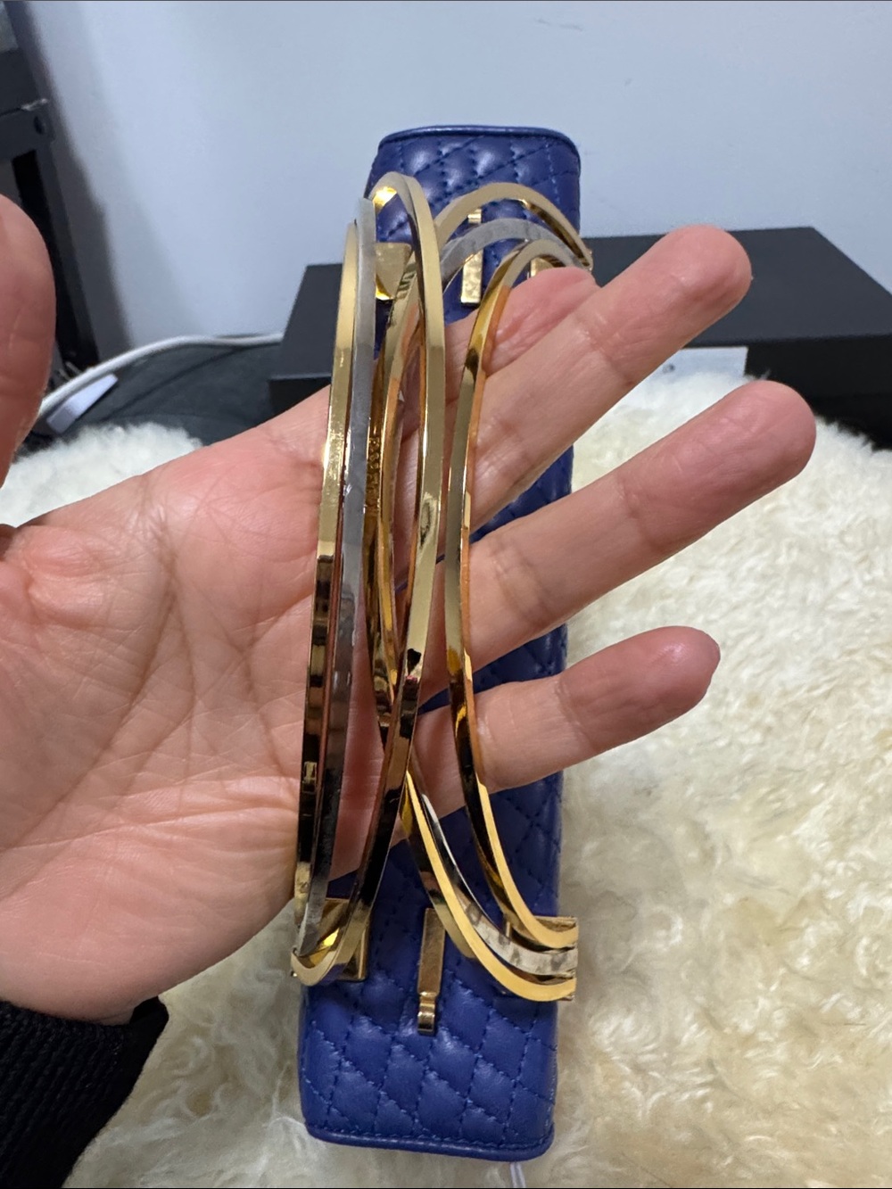Bally Quilted Blue Leather Top-Handle Satchel with Gold Accents - Picture 5 of 9